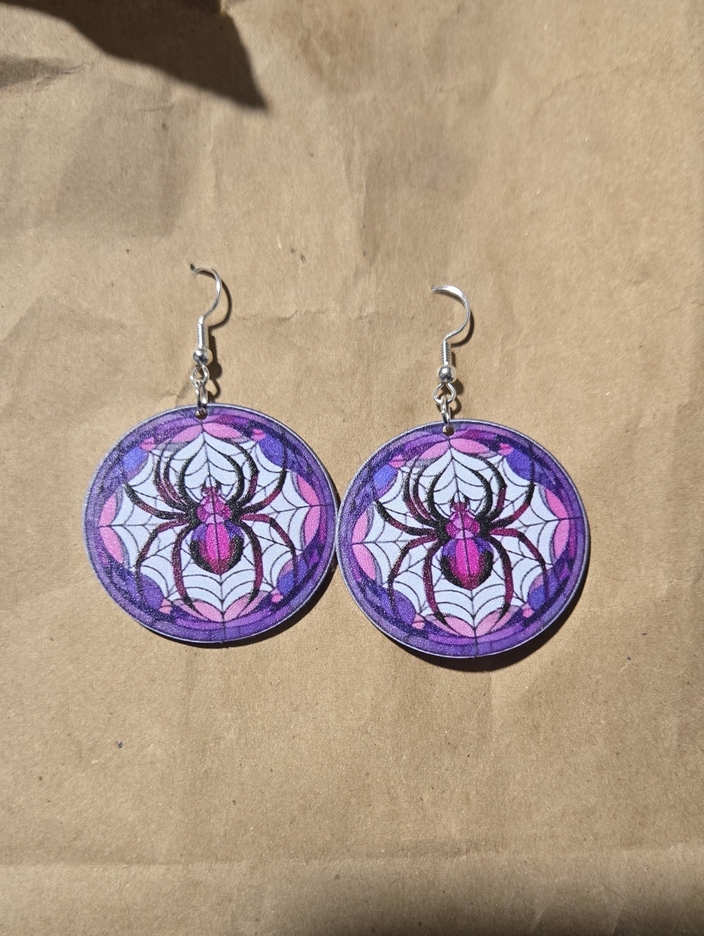 Purple Spider Web Stained Glass Style Drop Earrings